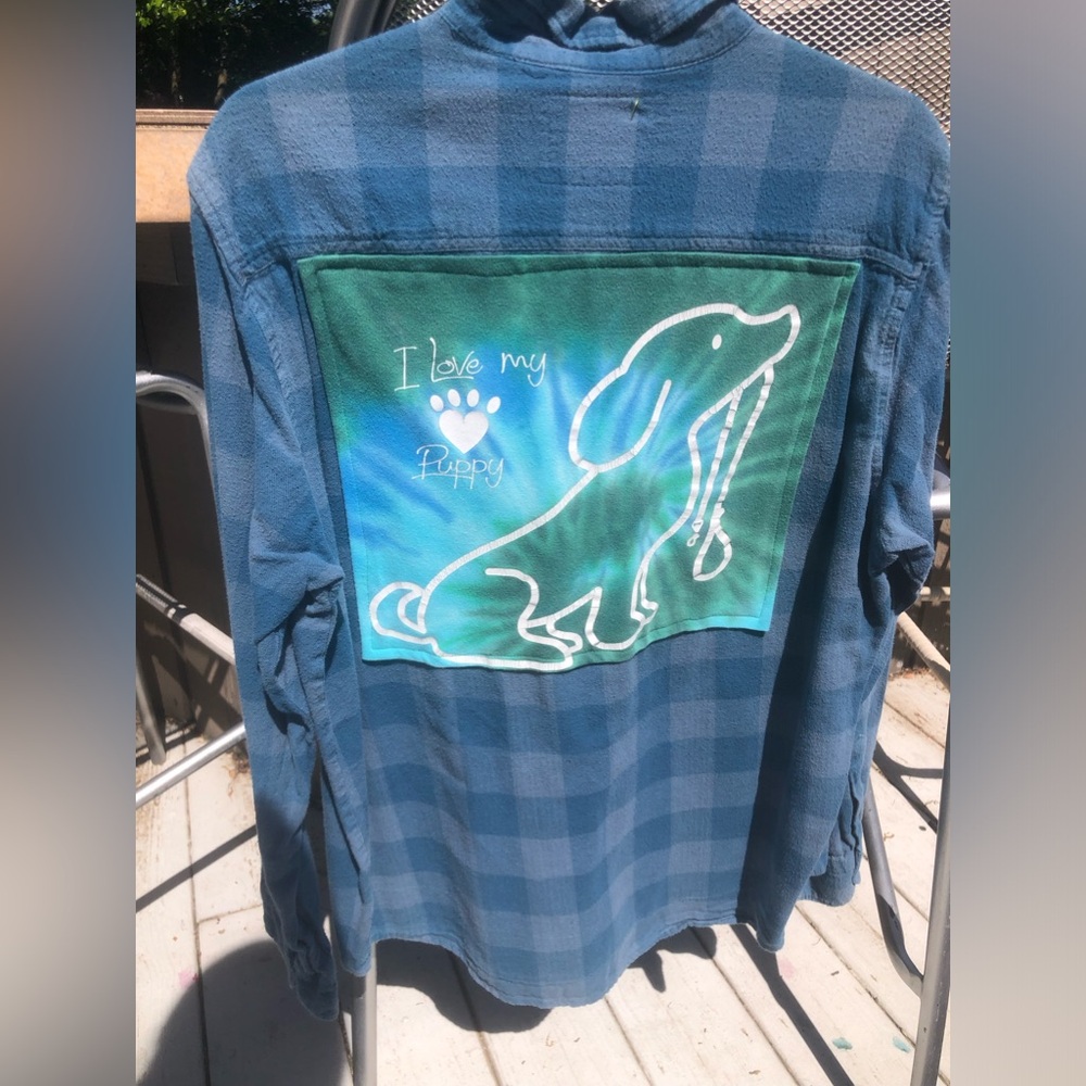Rad Olive I Love My Puppy Upcycled Unisex Flannel MED